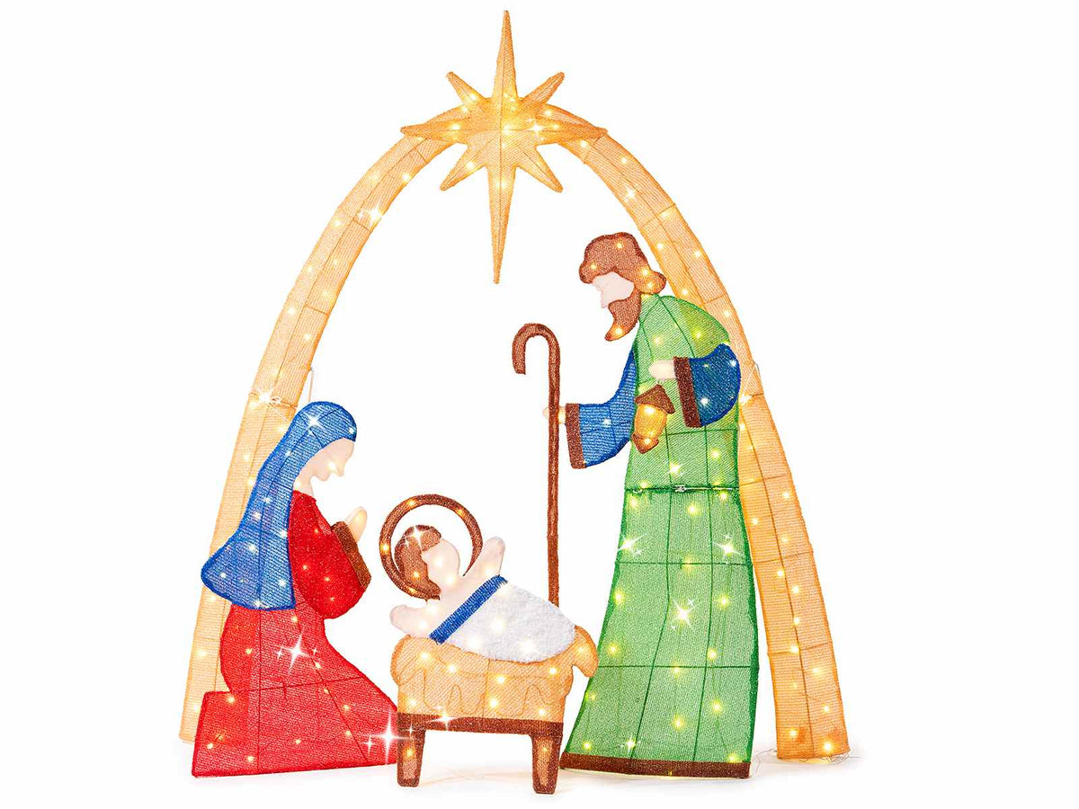 Presepe / Sacra Famiglia con capanna, stella e luci LED con anima in metallo, Capanna: cm 120x30x145 H