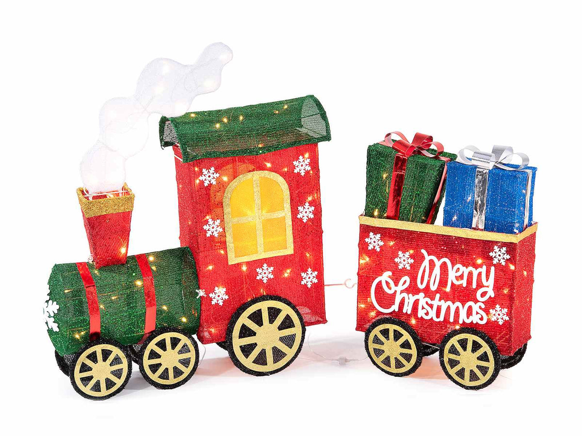 Treno di Natale con luci LED, regali e scritta Merry Christmas realizzato, cm 123 x 19 x 83 H
