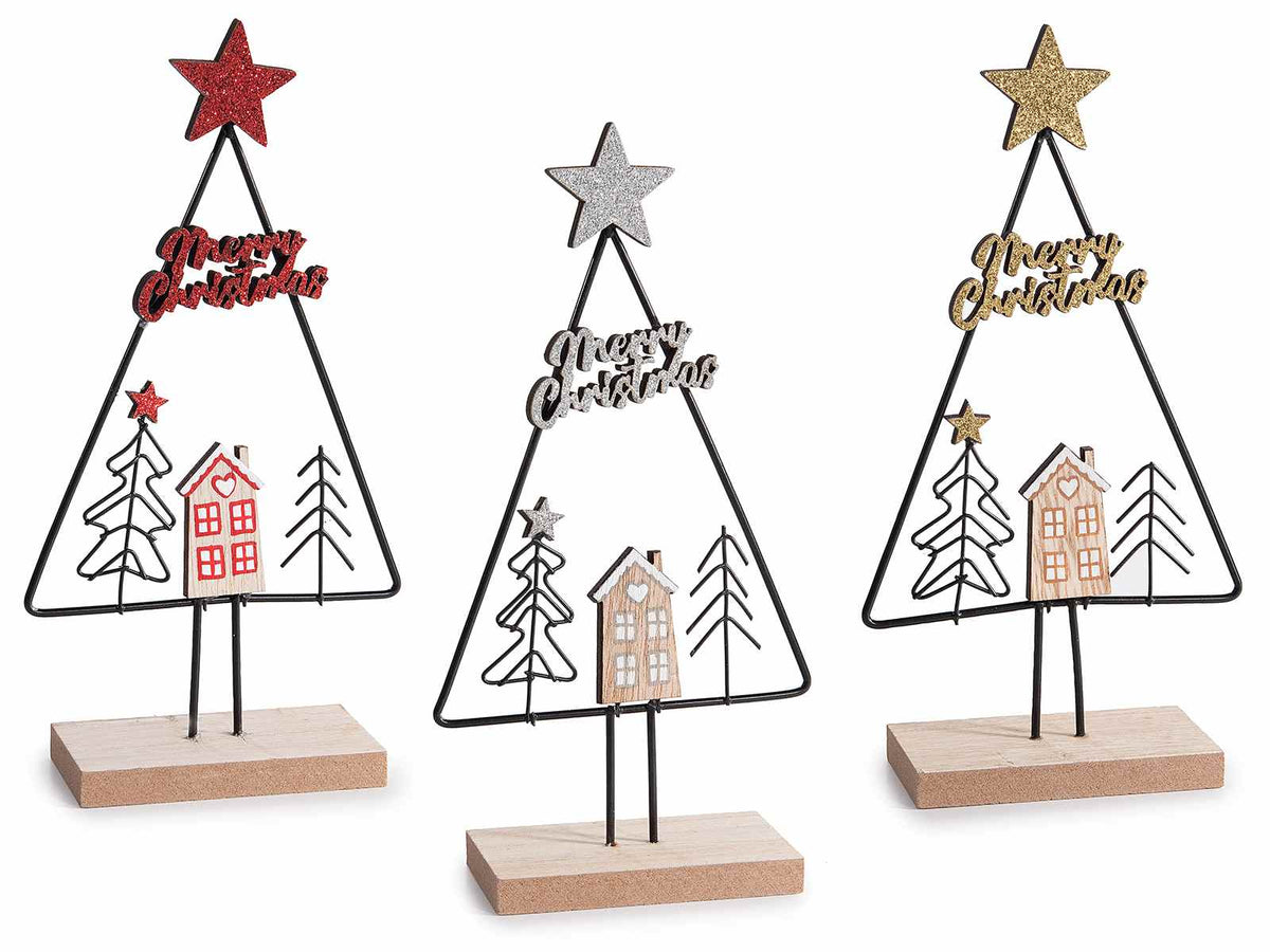 Alberi di Natale decorativi in metallo e legno con paesaggio, stella, scritta, set da 12 pezzi, cm 9,5 x 4 x 18,5 H