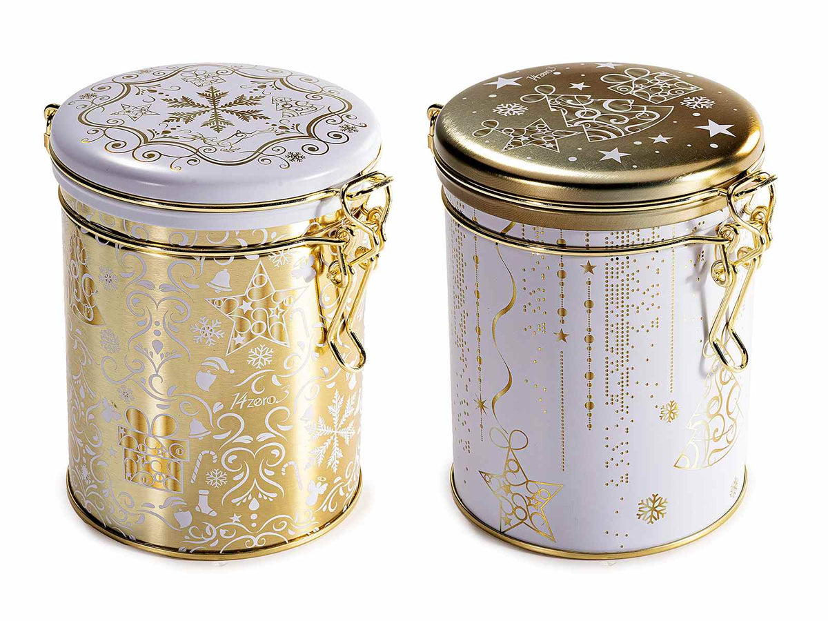 Barattoli natalizi in metallo adatti al contatto con alimenti con chiusura, set da 6 pezzi, cm 11,5 x 9 x 12 H