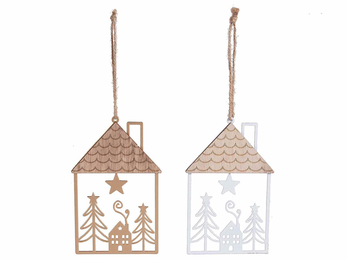 Decorazione di Natale a casetta in metallo e legno con paesaggio da appendere, set da 10 pezzi, cm 9 x 14,5 H