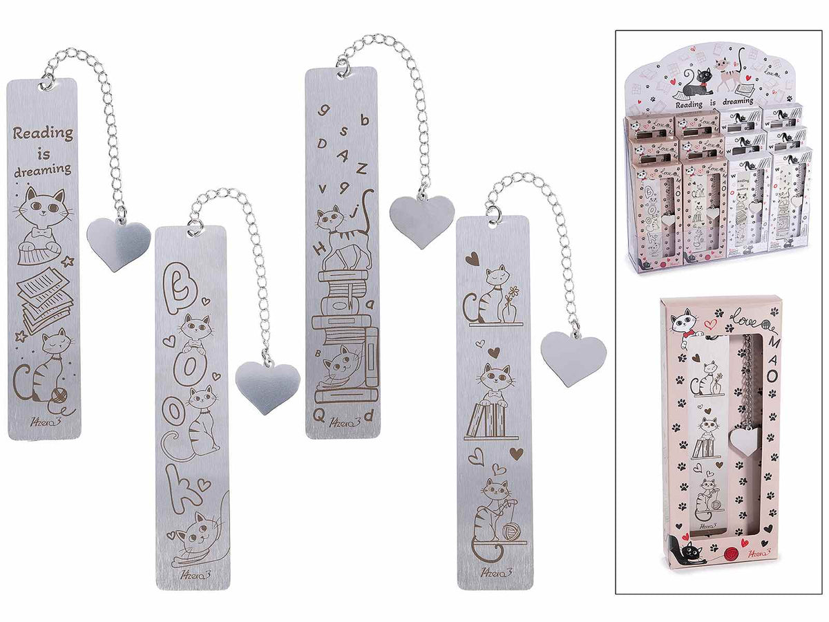 Segnalibro in metallo con decori stampati a tema gatto e pendente a cuoricino, set da 12 pezzi, Segnalibro: 2,5 x 13 H