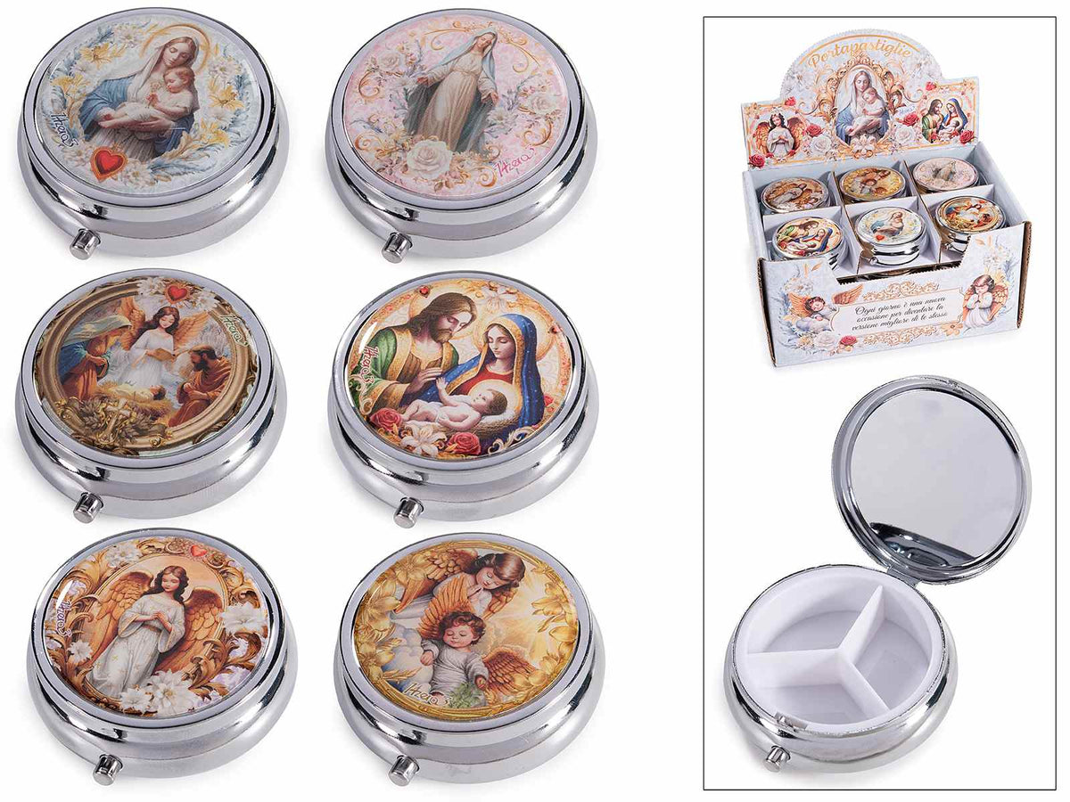 Scatolina portapillole in metallo con 3 scomparti in PP adatto al contatto, set da 24 pezzi, Ø 5 cm x 1,5 H