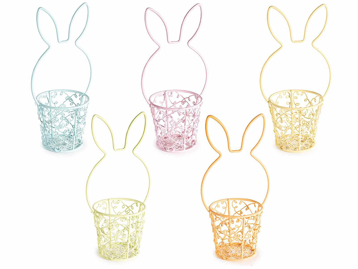 Cestini a secchiello di Pasqua in metallo colorato lavorato e manico, set da 10 pezzi, Ø 6 cm x 6 H (con manico17,5)