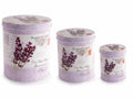 Barattoli in metallo con coperchio e decori lavanda, set da 3 pezzi, Grande: Ø 14 cm x 16,5 H