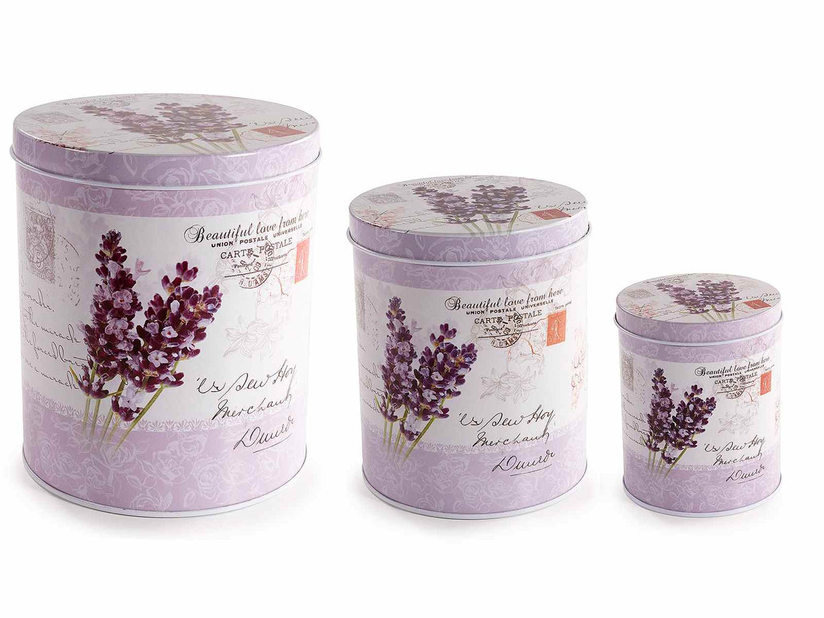 Barattoli in metallo con coperchio e decori lavanda, set da 3 pezzi, Grande: Ø 14 cm x 16,5 H