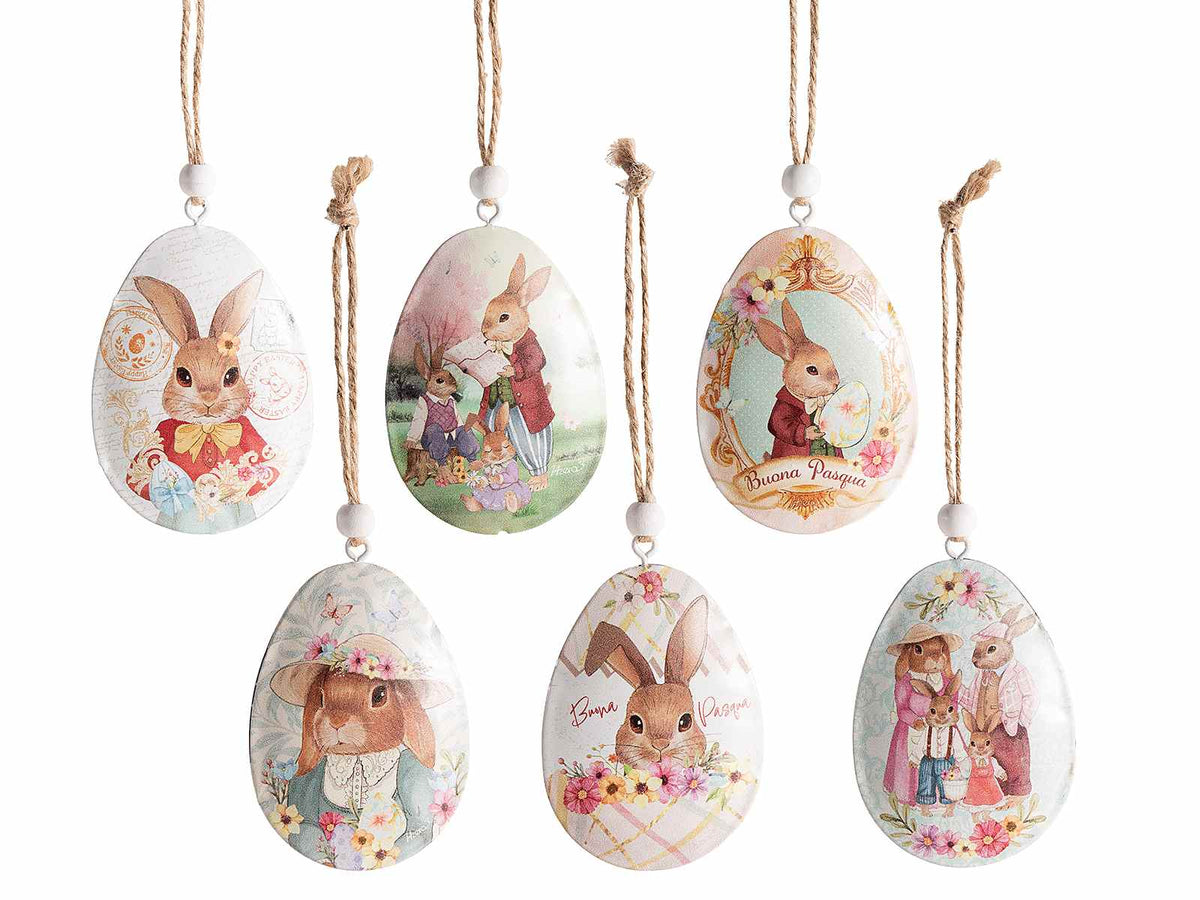 Uova di Pasqua decorative in metallo con stampa conigli da appendere, set da 18 pezzi, cm 6 x 8 H
