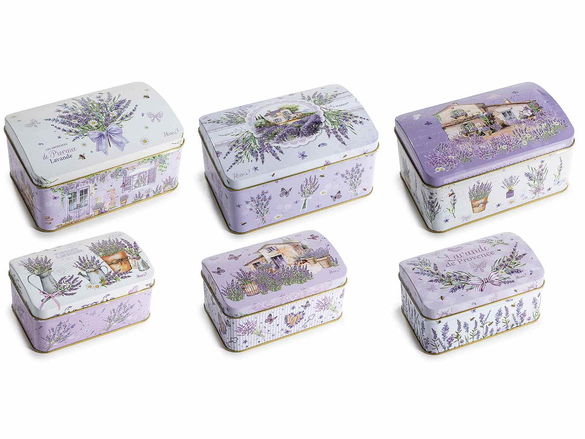 Scatole in metallo adatte al contatto alimentare con decori lavanda, set da 6 pezzi, Grande: cm 15,5 x 10 x 8 H