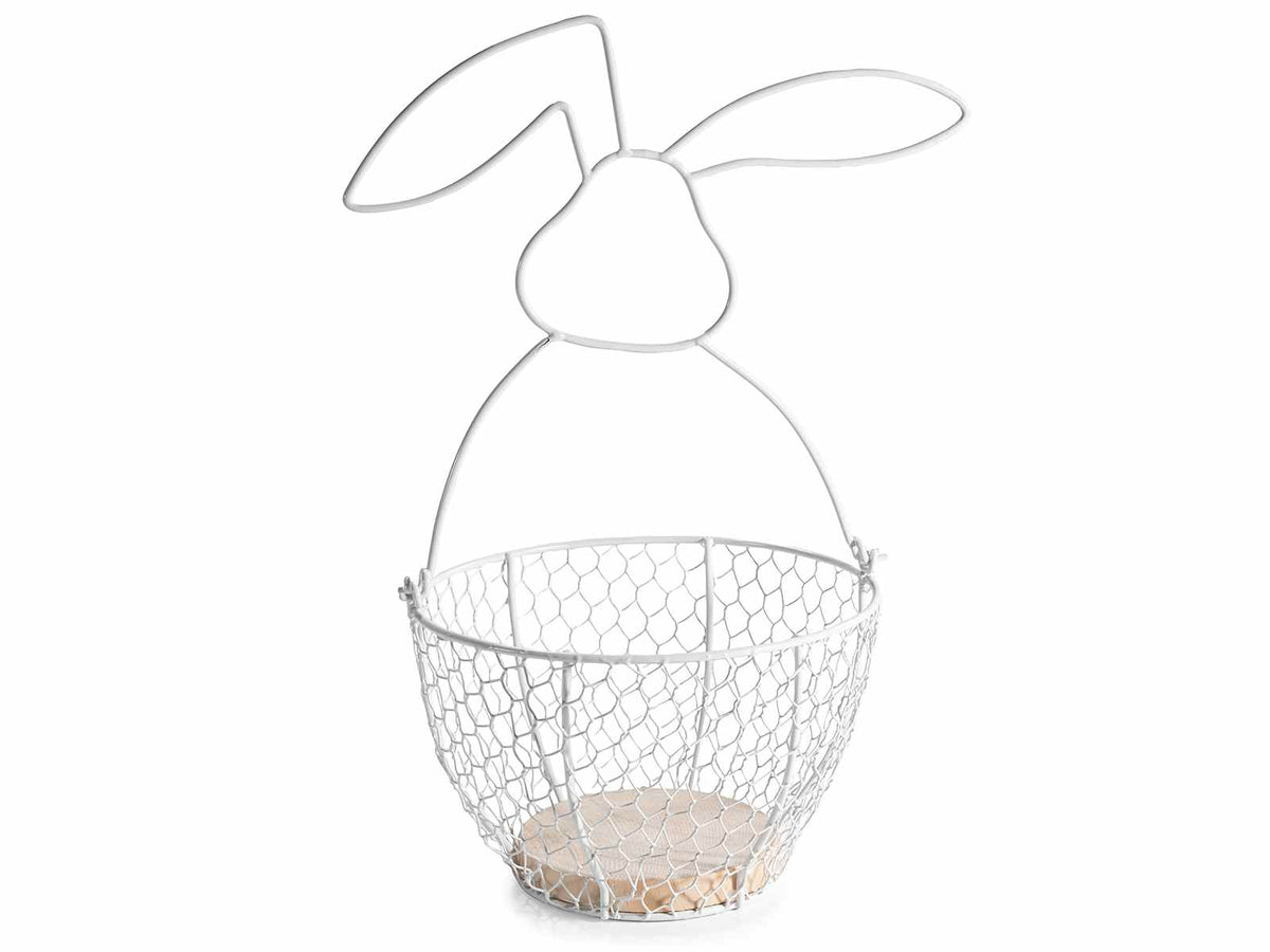 Cestini / fruttiera pasquale in metallo bianco con manico a coniglio estraibile, set da 3 pezzi, Ø 17 cm x 31,5 H