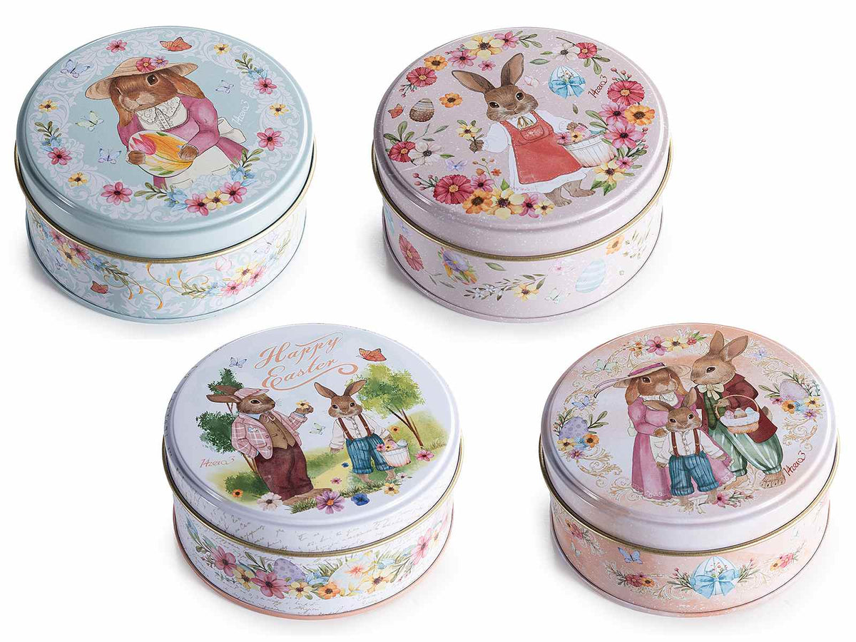 Scatole in metallo tondo con stampa coniglietti pasquali, ideali, set da 16 pezzi, Ø 10 cm x 4,5 H