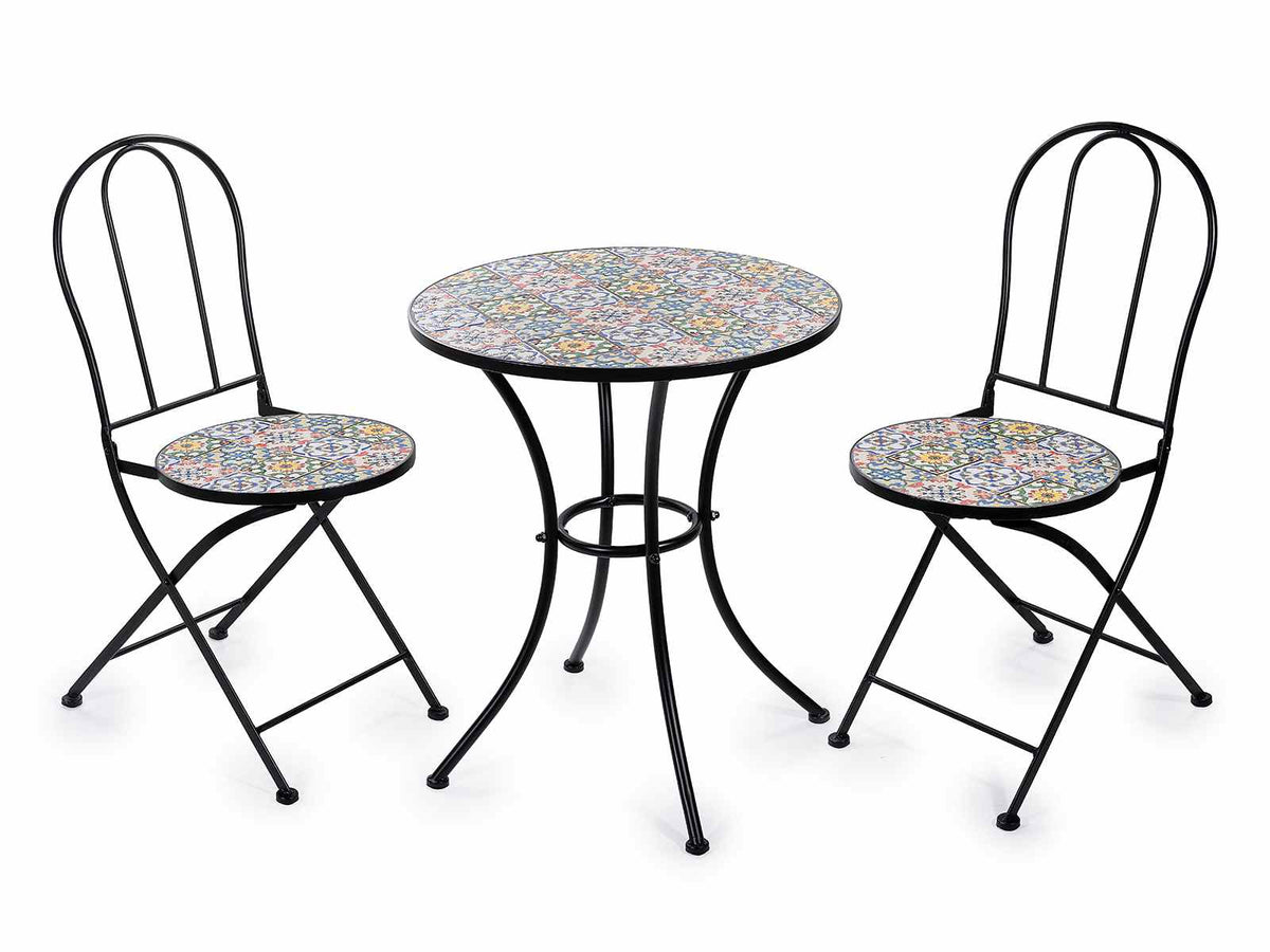 Tavolo e 2 sedie giardino in metallo e ceramica decorata maiolica, ideale, Tavolo: Ø 60 cm x 70 H