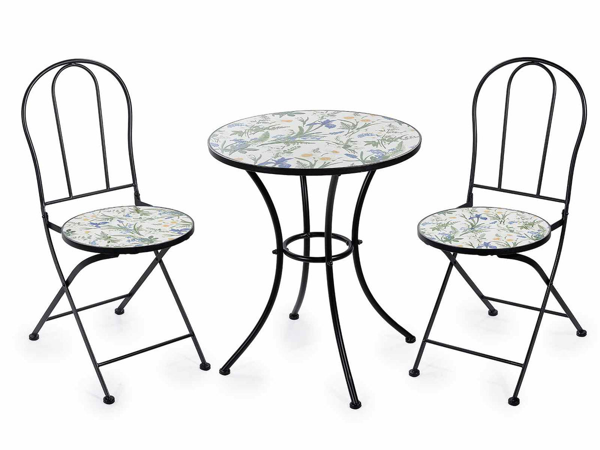 Tavolo e 2 sedie giardino in metallo e ceramica decorata floreale, ideale, Tavolo: Ø 60 cm x 70 H