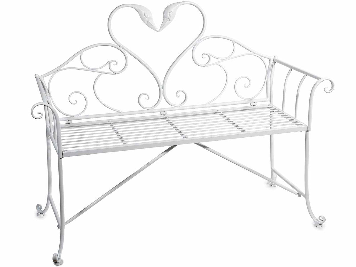 Panchine in metallo bianco con schienale sagomato con cigni ideale, cm 129 x 58 x 96 H