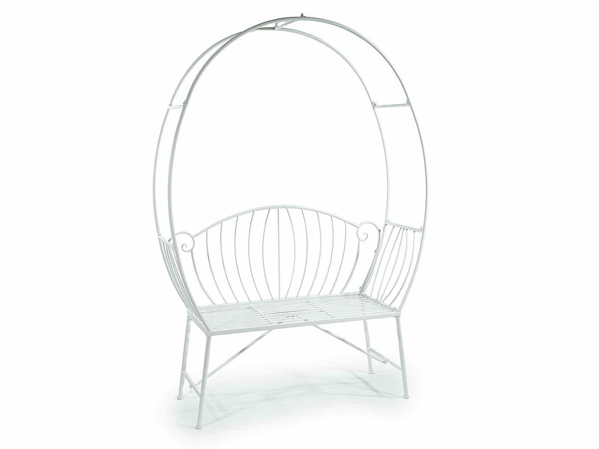 Panchine in metallo bianco con arco e schienale decorato, ideale, cm 130 x 43 x 190 H