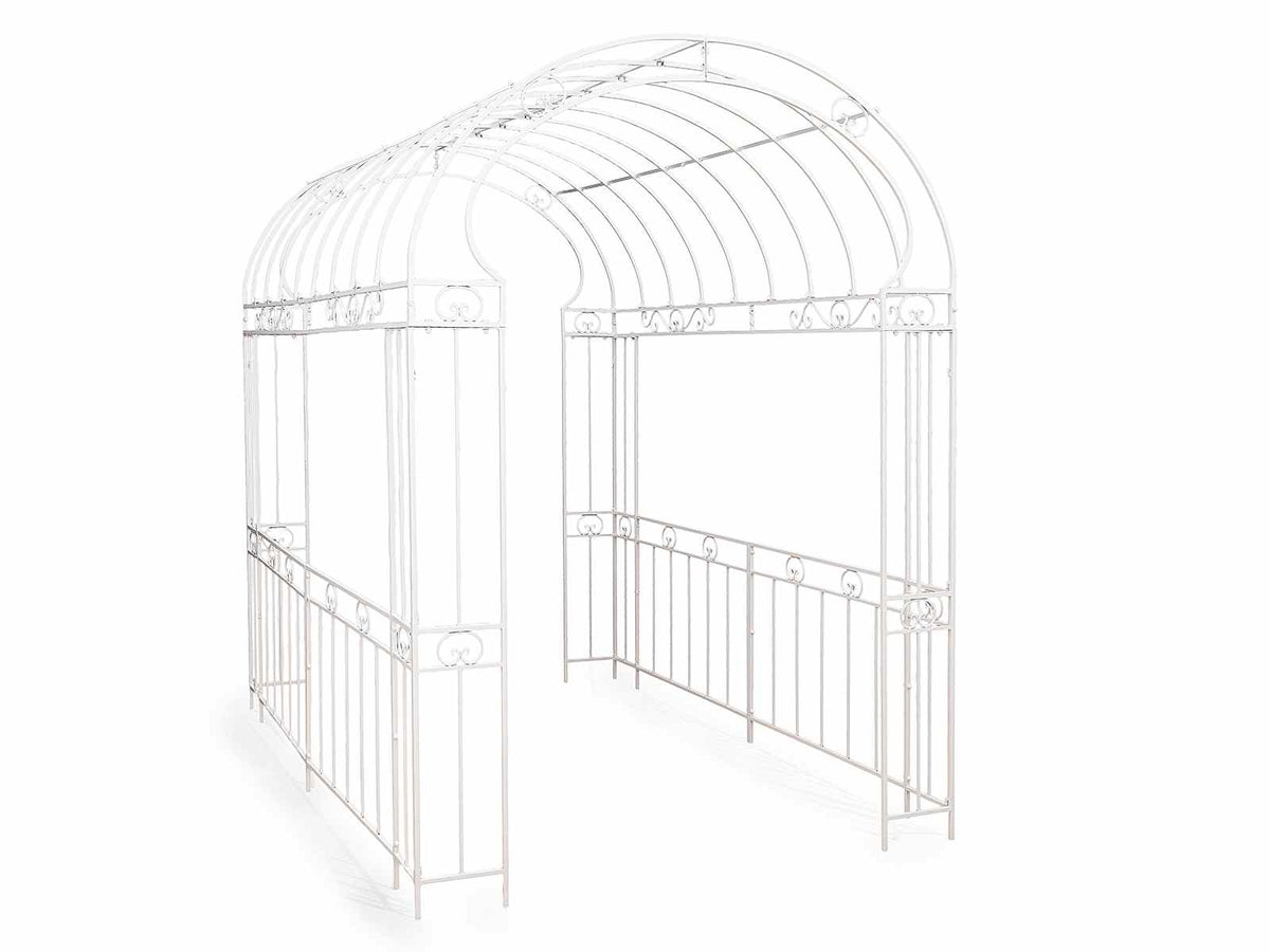Gazebi in metallo bianco con struttura decorata sui lati e tetto ad arco, m 1,8 x 2,8 x 2,55 H