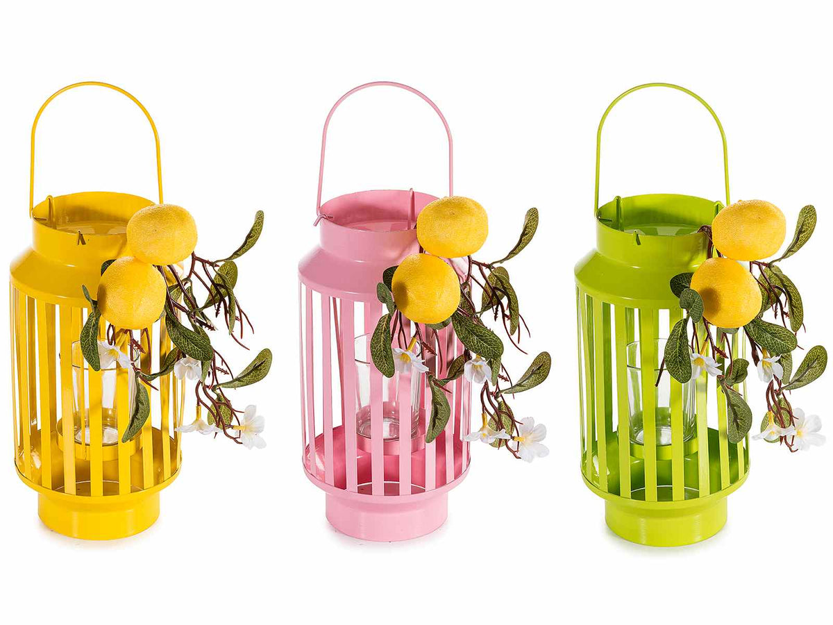 Lanterne con porta candela in vetro e metallo colorato, con rametto di limoni, set da 3 pezzi