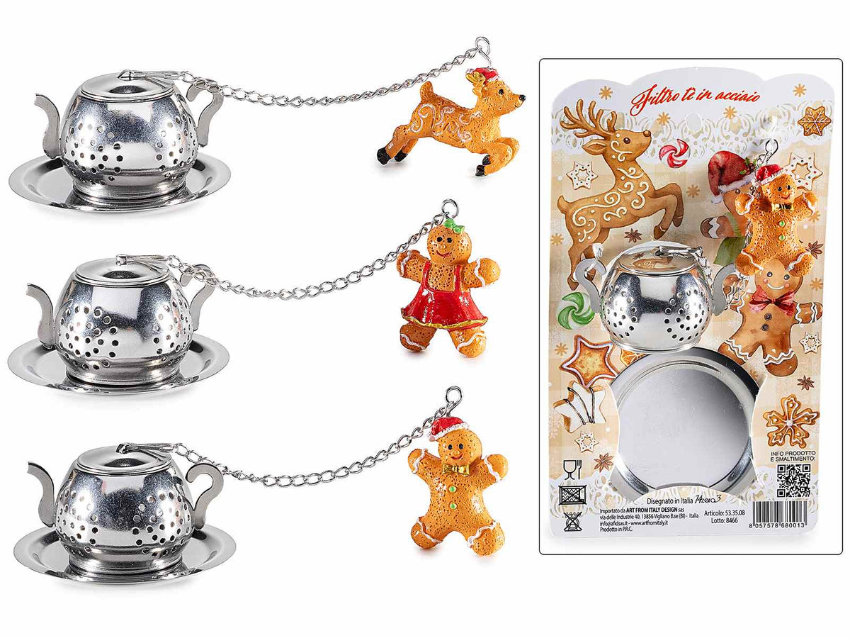 Infusori natalizi in acciaio inox a forma di teiera con piattino e decoro, set da 3 pezzi, Renna: cm 3,5 x 1,5 x 3 H