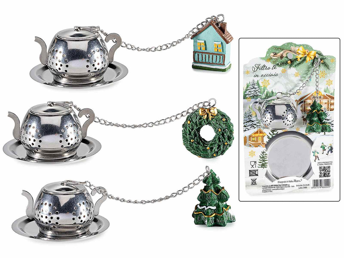 Infusori natalizi in acciaio inox a forma di teiera con piattino e decoro, set da 3 pezzi, Casa: cm 2,5 x 1 x 3 H