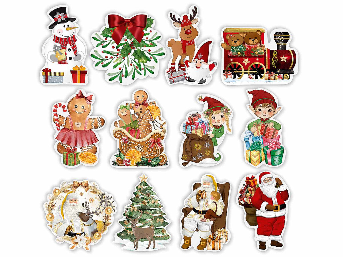 Decorazioni magnetiche a calamita in metallo con soggetti natalizi, set da 12 pezzi, cm 6 x 10 H