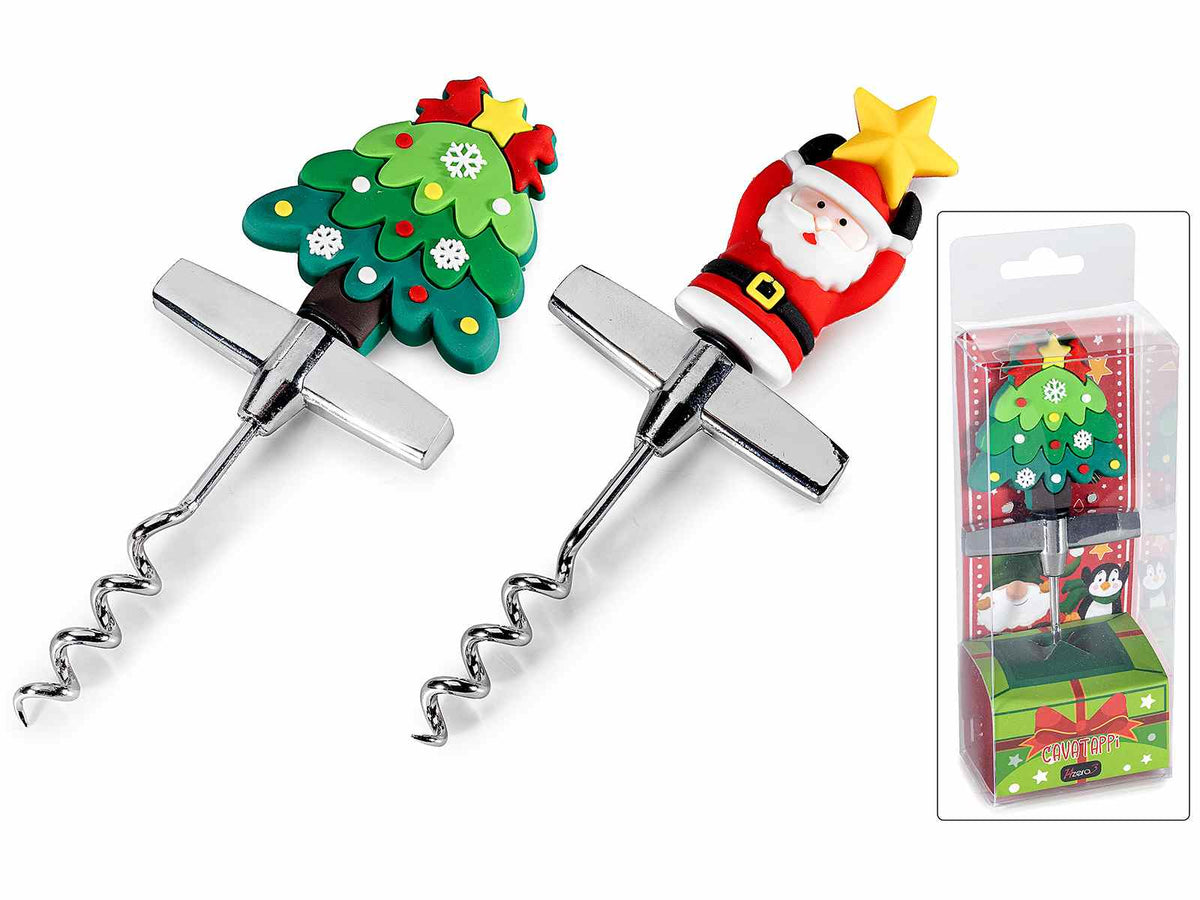 Cavatappi in acciaio con decoro Babbo Natale e albero natalizio in confezione, set da 2 pezzi, cm 5,5 x 2 x 13,5 H