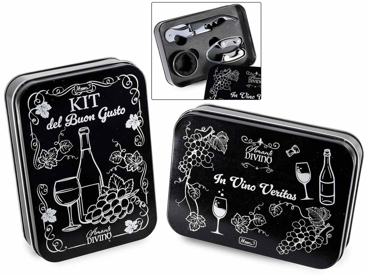 Confezioni regalo a tema vino / kit sommelier in metallo con coperchio decorato, set da 2 pezzi