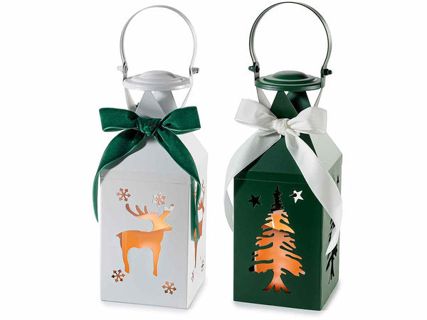 Lanterne di Natale in metallo con intagli a renna e albero di Natale, fiocco, set da 2 pezzi, cm10x10x25H (con gancio32,5)