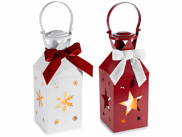 Lanterne natalizie in metallo con intagli a stella e fiocco di neve,fiocco, set da 2 pezzi, cm10x10x25H (con gancio32,5)