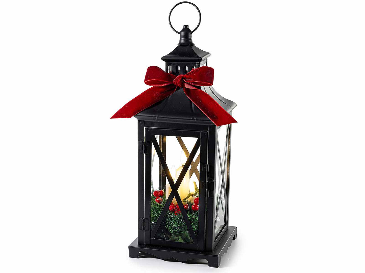 Lanterne di Natale in metallo con fiocco in velluto, ghirlanda con bacche rosse, cm14x14x35H (con gancio38,5)