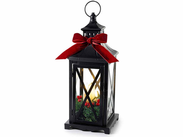 Lanterne di Natale in metallo con fiocco in velluto, ghirlanda con bacche rosse, cm14x14x35H (con gancio38,5)
