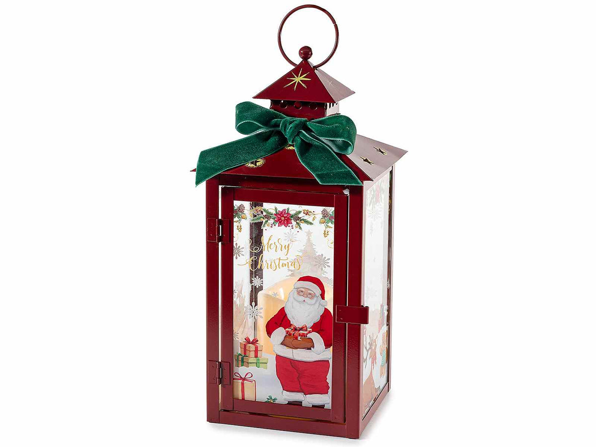 Lanterne di Natale in metallo con stampa a tema, candela LED con fiamma, cm14x14x29H (con gancio32)