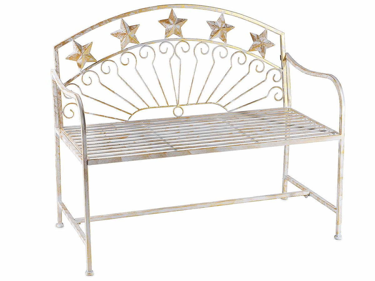 Panchine in metallo bianco anticato oro effetto shabby con schienale decorato, cm 108 x 57 x 92 H