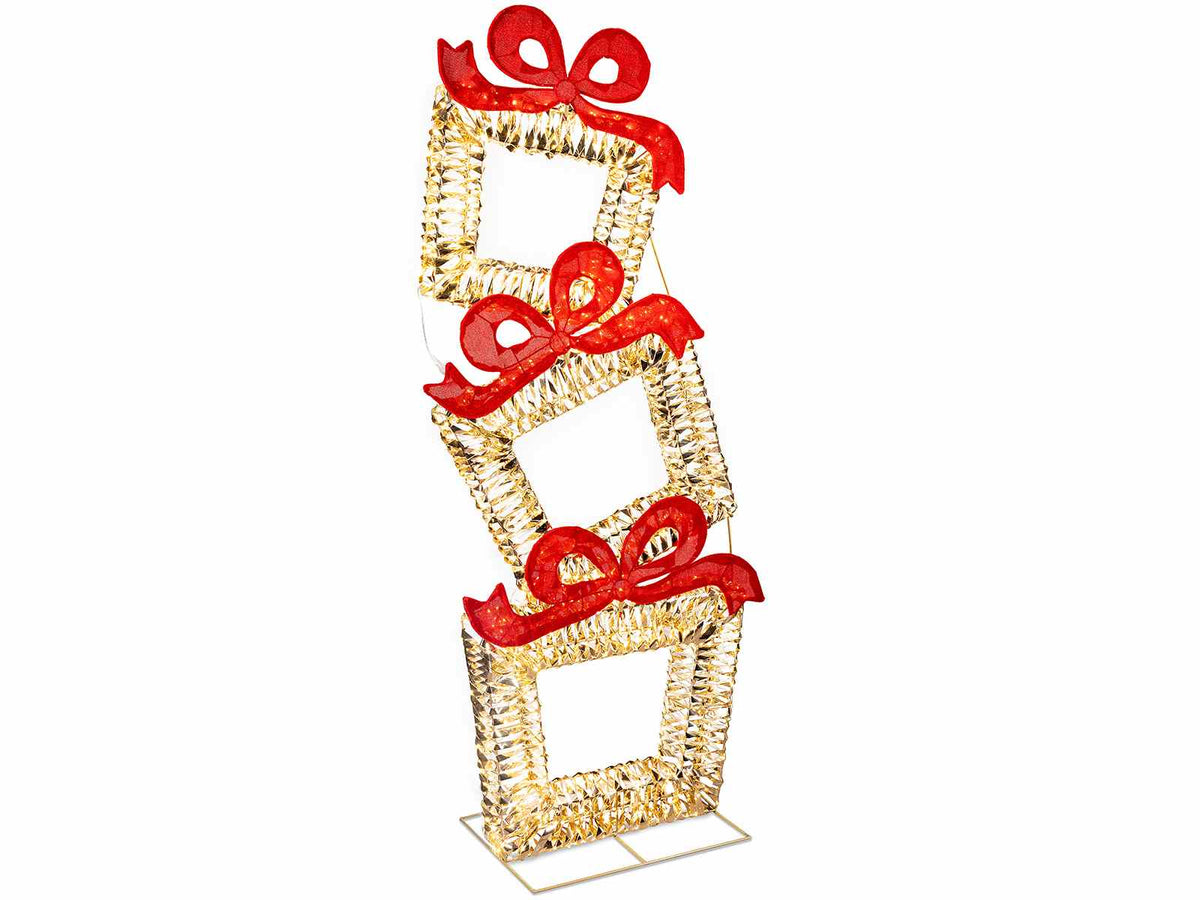 Torre di pacchi regalo con anima in metallo con luci LED. Luminaria di Natale, cm 67 x 41 x 167 H