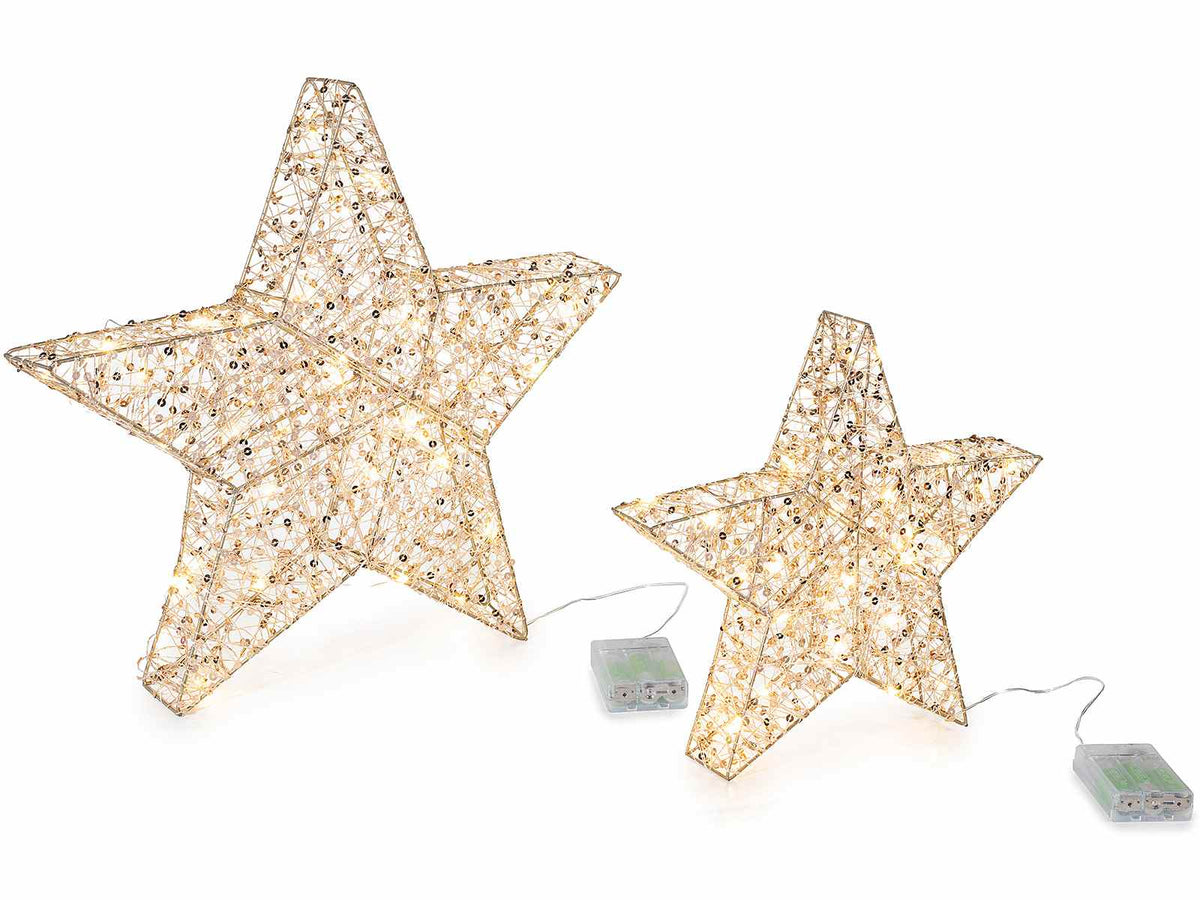 Stelle natalizie in metallo con luci LED bianco caldo in set da due pezzi, Grande: cm 40 x 5,5 x 39 H