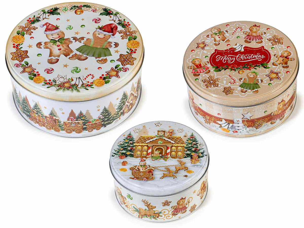 Scatole natalizie tonde in metallo adatto al contatto alimentare, stampa, set da 2 pezzi, Grande: Ø 20 cm x 9 H