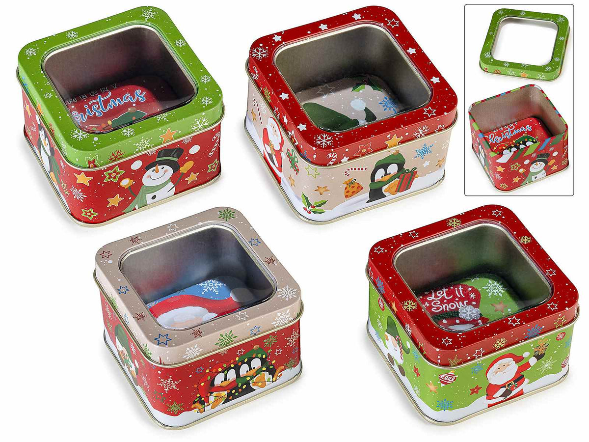 Scatole natalizie quadrate in metallo alimentare con finestra, set da 8 pezzi