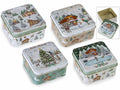 Scatole quadrate in metallo alimentare con stampa paesaggio invernale innevato, set da 12 pezzi, cm 9 x 9 x 5 H