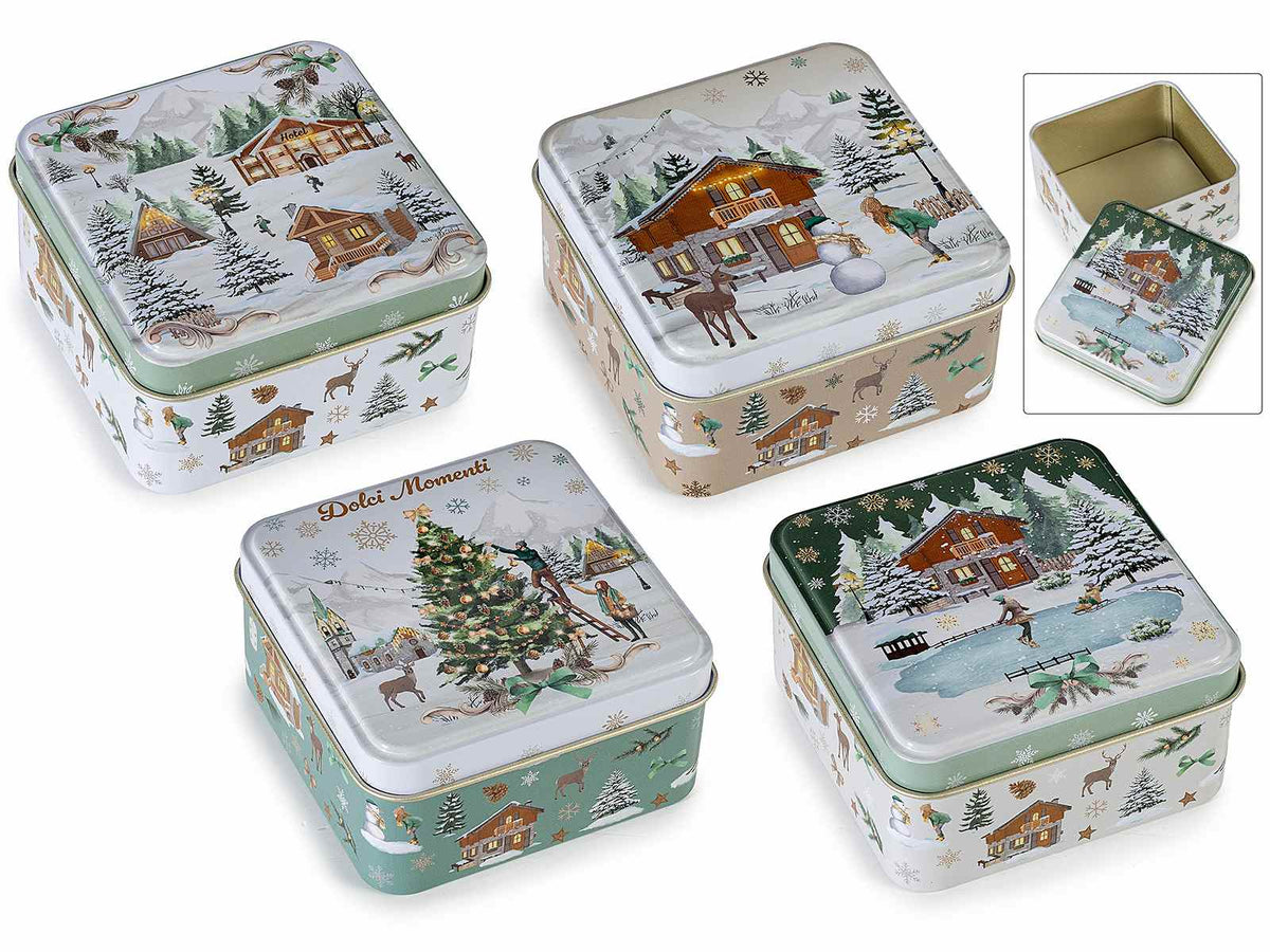 Scatole quadrate in metallo alimentare con stampa paesaggio invernale innevato, set da 12 pezzi, cm 9 x 9 x 5 H