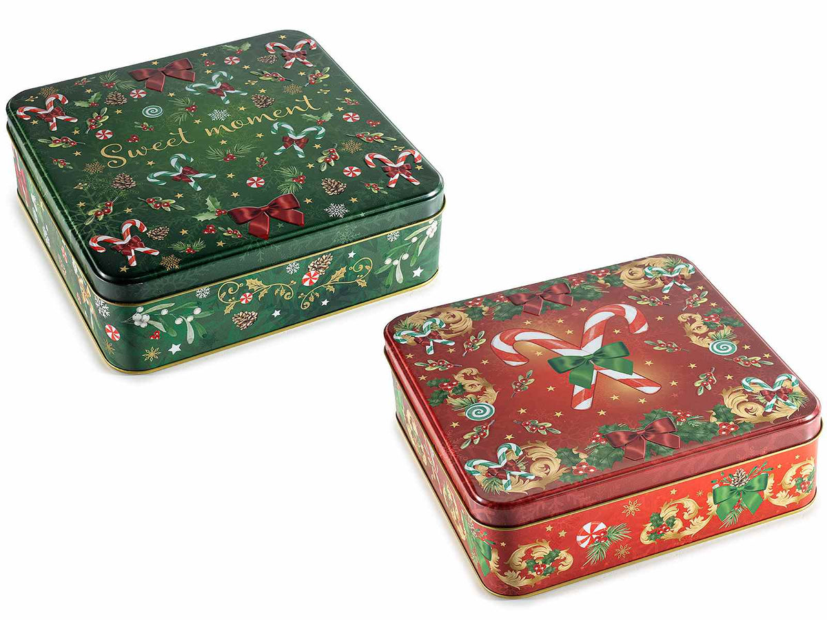 Scatole natalizie in metallo quadrate, adatte al contatto alimentare con decori in rilievo, set da 4 pezzi, cm 20 x 20 x 6,5 H