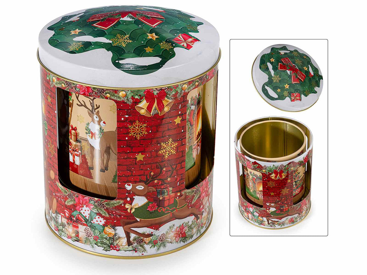 Scatole natalizie in metallo alimentare con finestre e carillon girevole, set da 2 pezzi, Ø 12 cm x 16 H