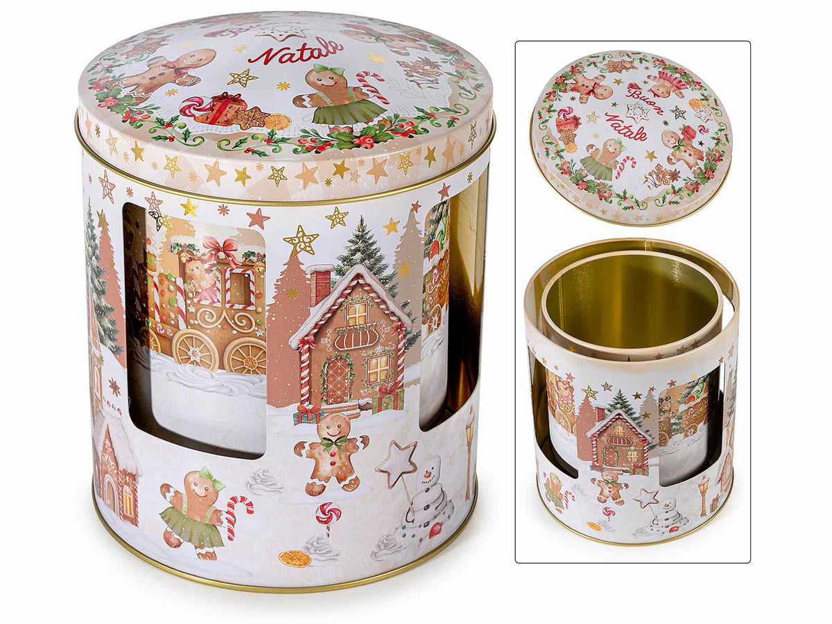 Scatole in metallo alimentare con finestre e carillon girevole, stampa natalizia, set da 2 pezzi, Ø 12 cm x 16 H