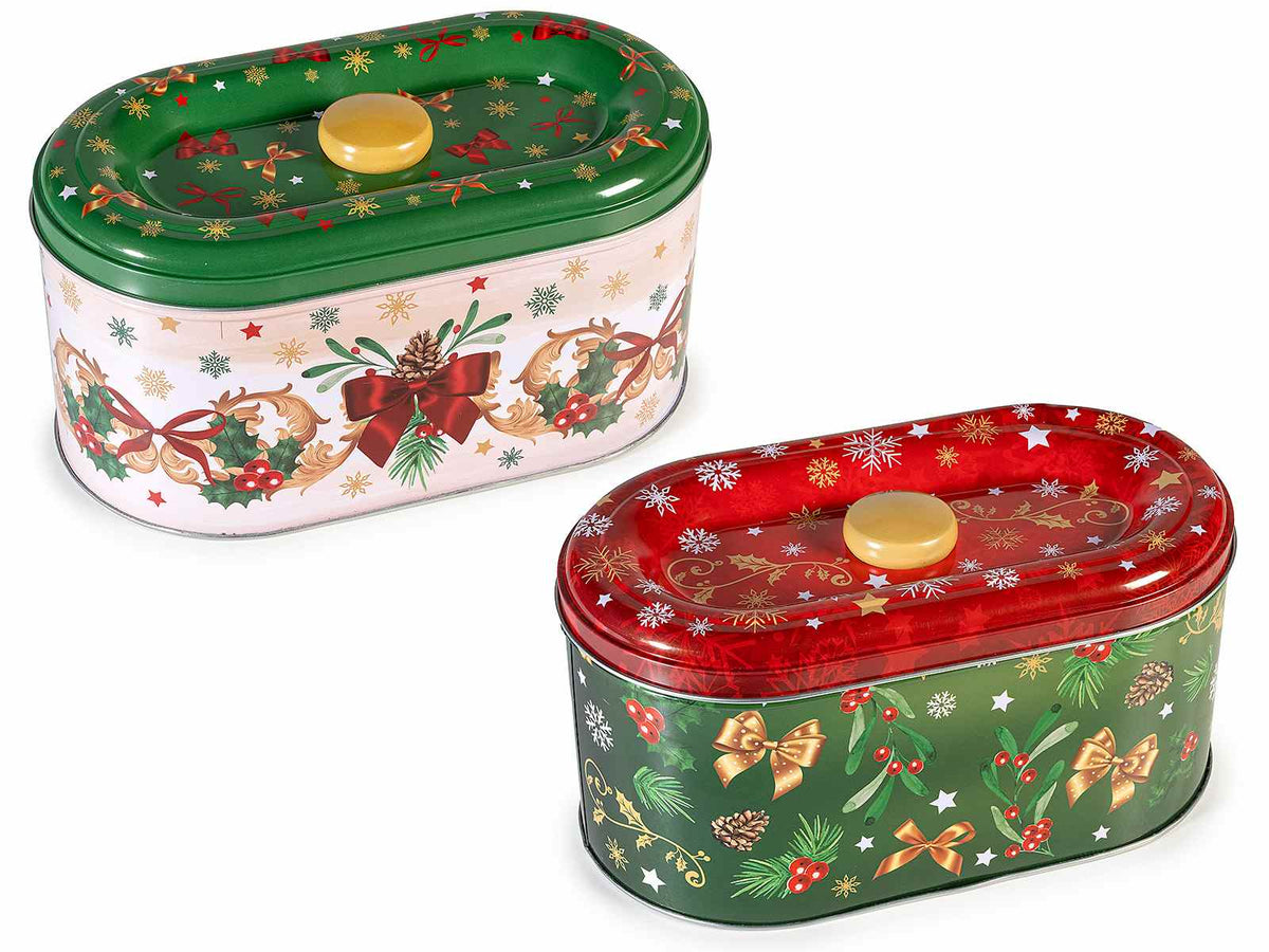 Scatole natalizie ovali in metallo in alimentare con coperchio, set da 4 pezzi, cm 22,5 x 12,5 x 11 H