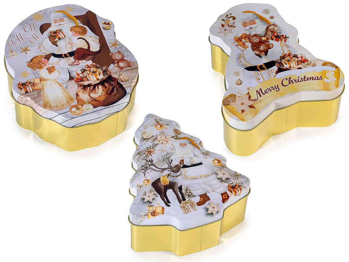 Scatole natalizie sagomate in metallo adatto al contatto alimentare e coperchio, set da 6 pezzi, cm 16 x 18 x 6,5 H