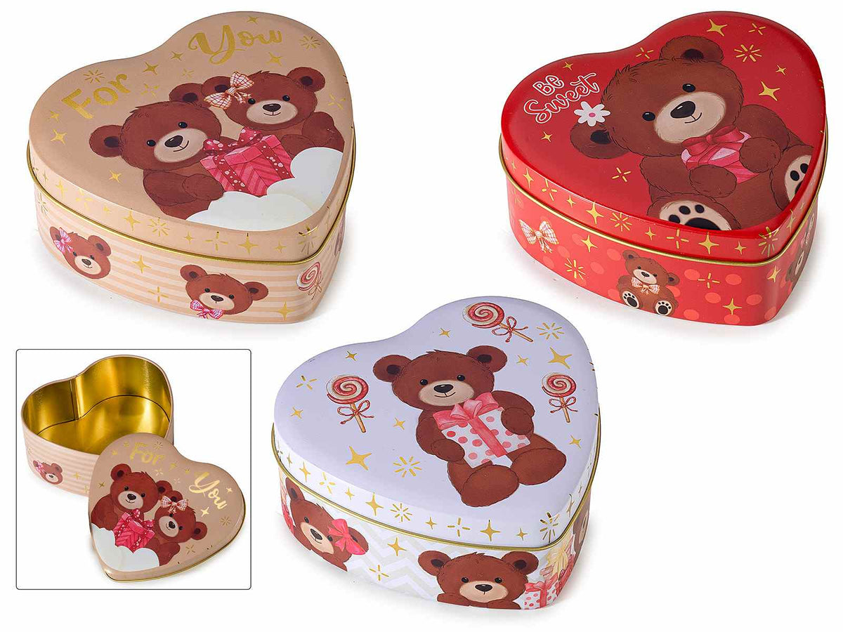 Scatole a forma di cuore in metallo alimentare con design orsetti e coperchio, set da 9 pezzi, cm 12 x 11 x 4,5 H