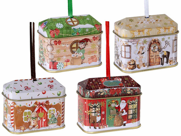 Set di 4 scatole casetta in metallo da appendere, 6,5x4x5,5 cm – Natale