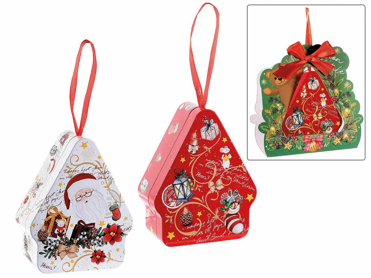 Scatola natalizia in metallo a casetta con nastro da appendere, in confezione, set da 12 pezzi, cm 8,5 x 4 x 10,5 H