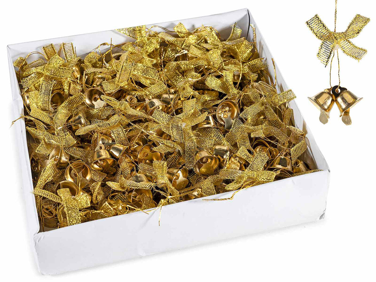 Fiocchetti dorati con campanelline in metallo in scatola da 100 pezzi, cm 3 x 4,5 H