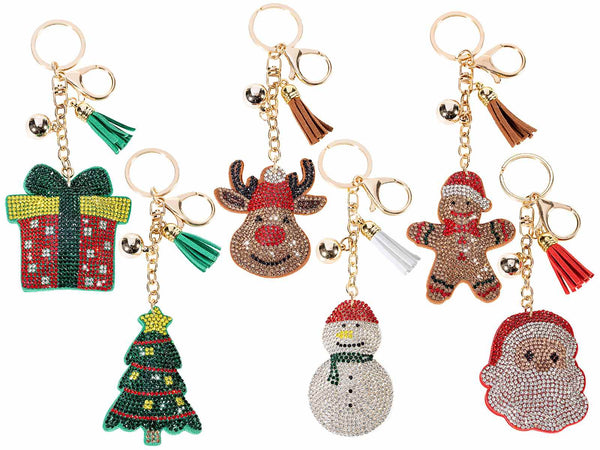 Set di 6 portachiavi natalizi con strass, 7,5 cm