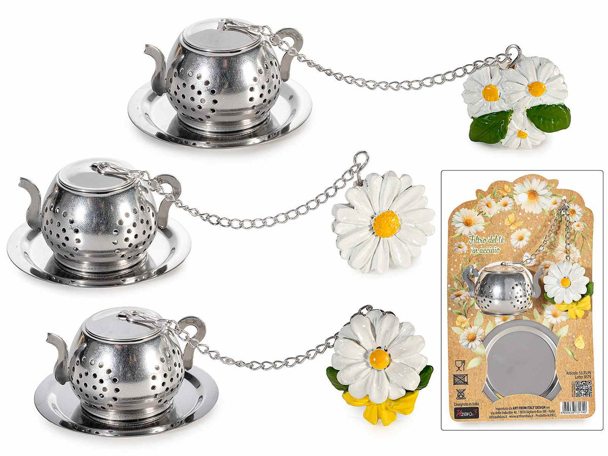 Infusori in acciaio inox a forma di teiera con piattino e decoro margherita, set da 3 pezzi, Fiore: cm 3 x 1,5 x 3,5 H