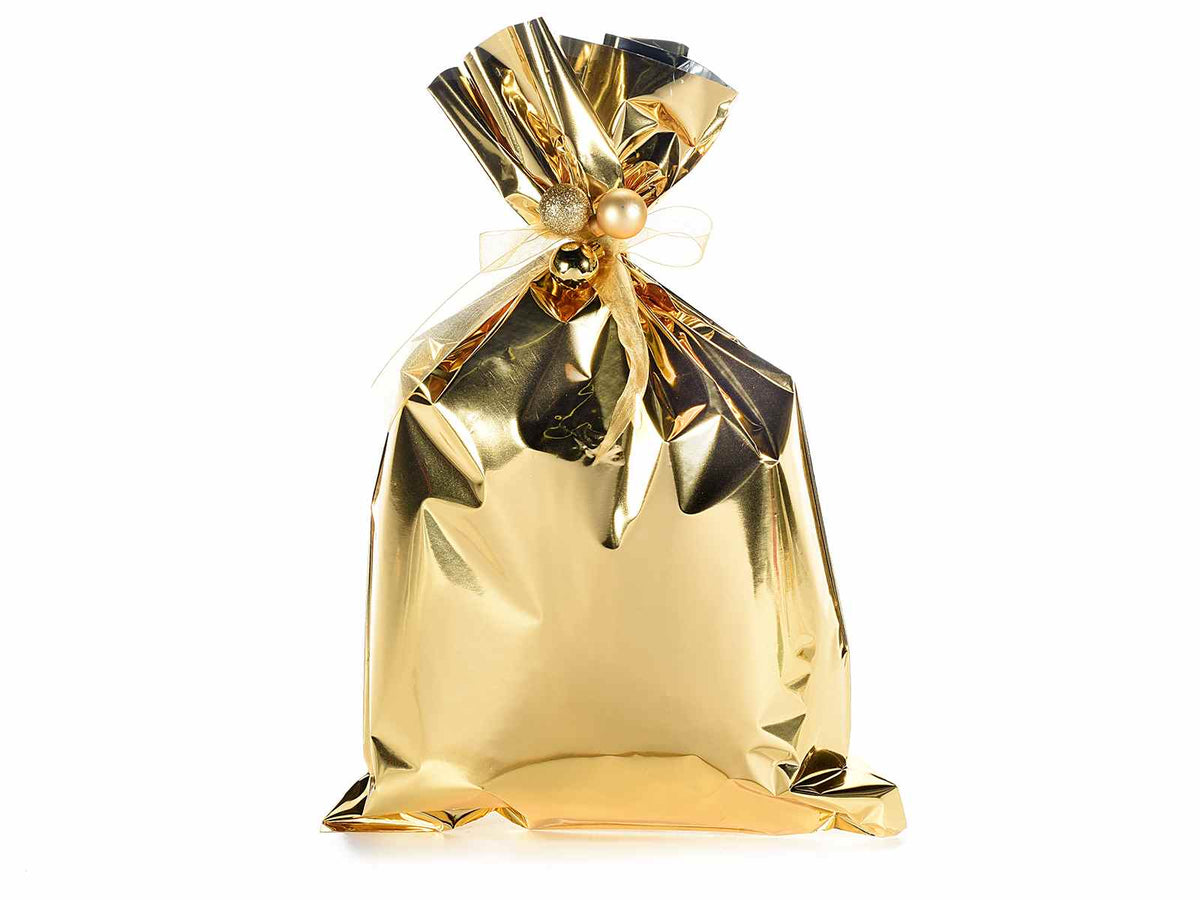 Busta a sacchetto regalo metallizzata oro lucido. Ideale per confezioni regalo, set da 50 pezzi, cm 25 x 40 H