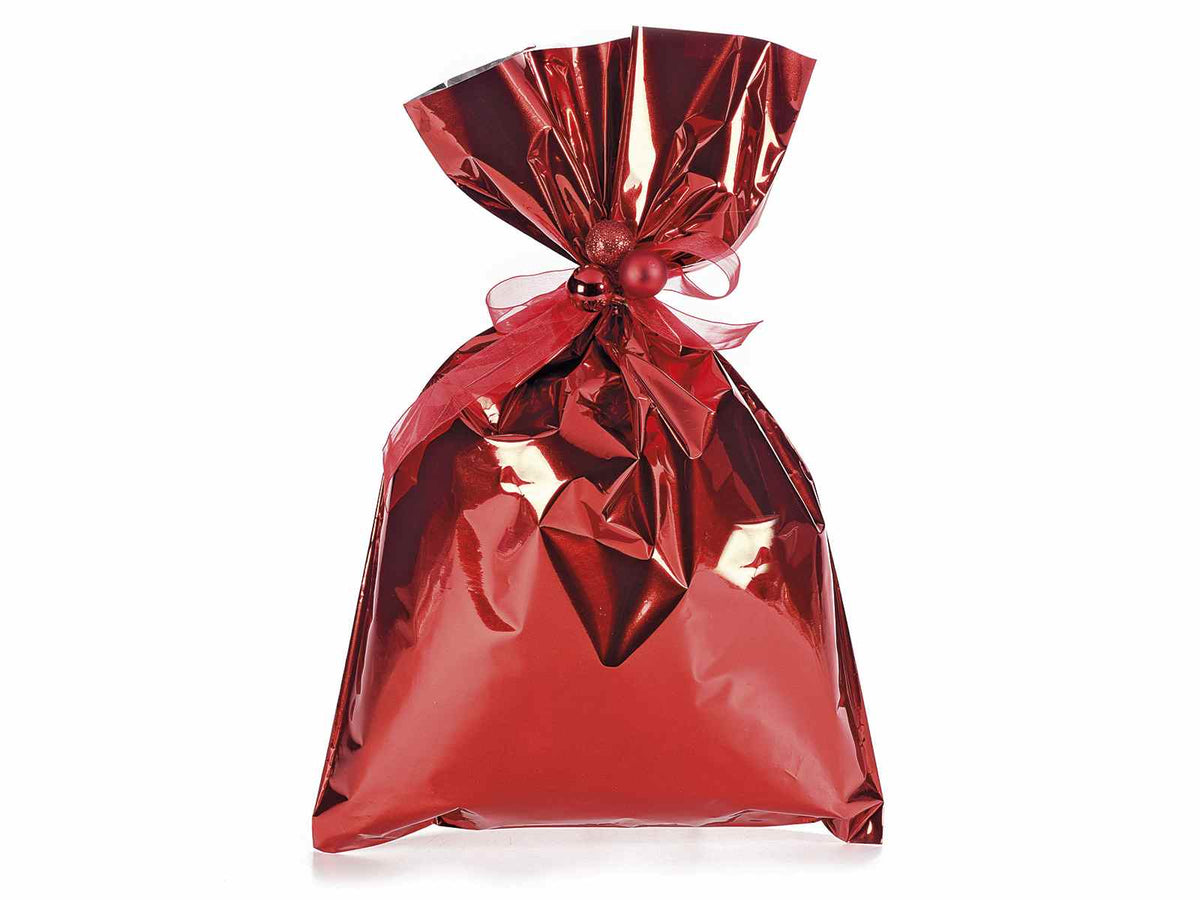 Busta a sacchetto regalo metallizzata rosso lucido. Ideale per confezioni, set da 50 pezzi, cm 25 x 40 H